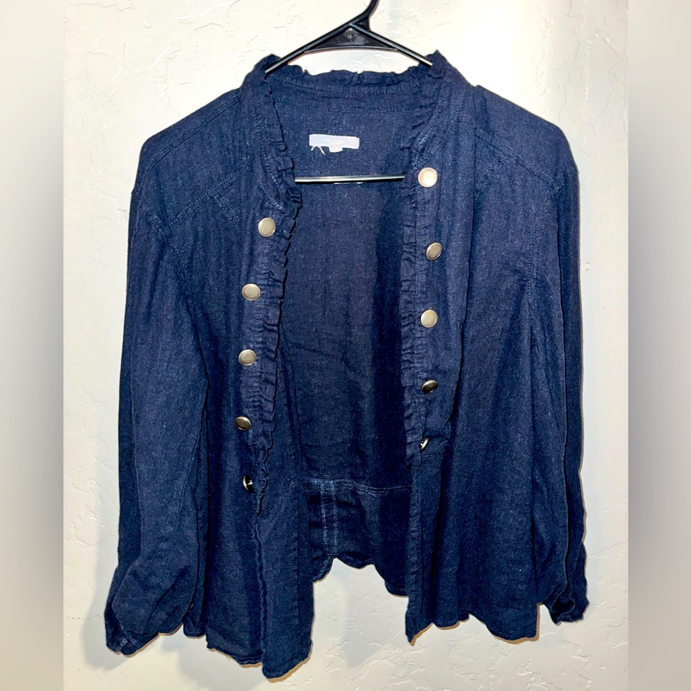 Maurice’s Navy Linen Blend Open Front Ruffle Blazer Jacket